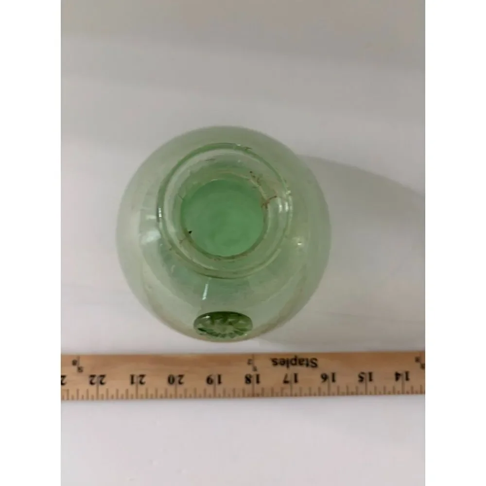 Hand blown green bubble glass vase with applied medallion